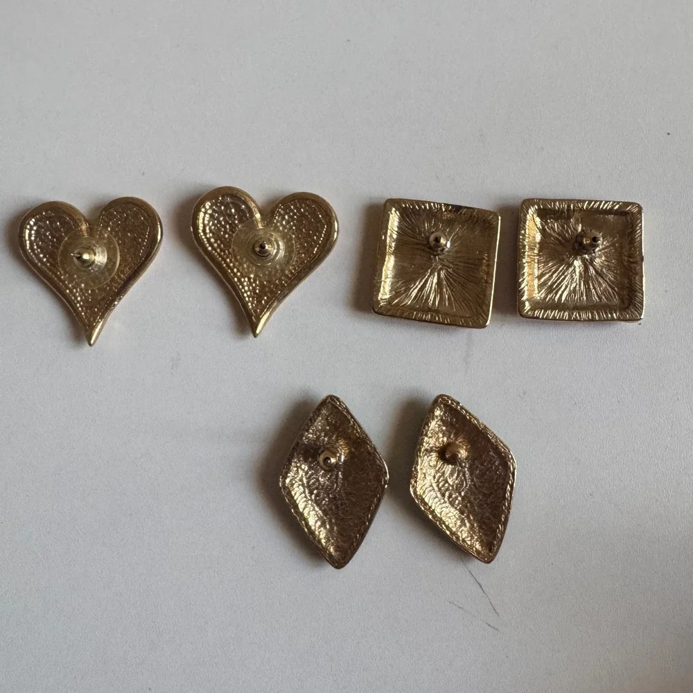 Vintage Enamel Stud Earring Set 3 Pairs Heart Square Diamond Gold Tone Multi